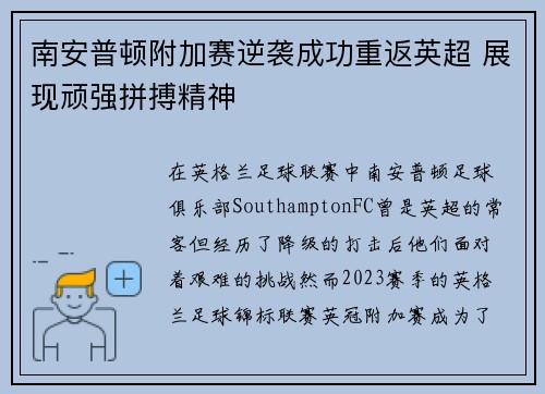 南安普顿附加赛逆袭成功重返英超 展现顽强拼搏精神
